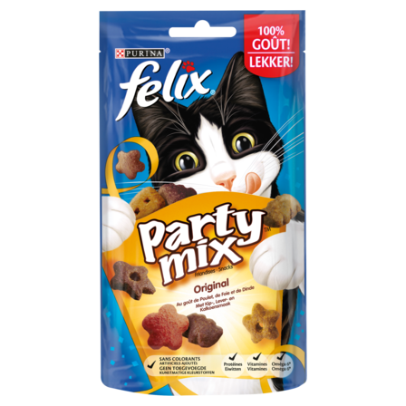 Felix Party Mix Original met Kip-, Lever- & Kalkoensmaak Kattensnack 60 g