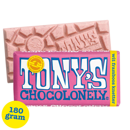 Tony's Chocolonely Wit 28% Framboos Knettersuiker 180 g