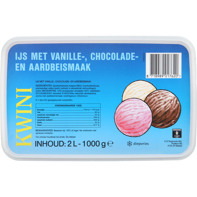 Kwini Ijs met vanille-, chocolade- en aardbeismaak