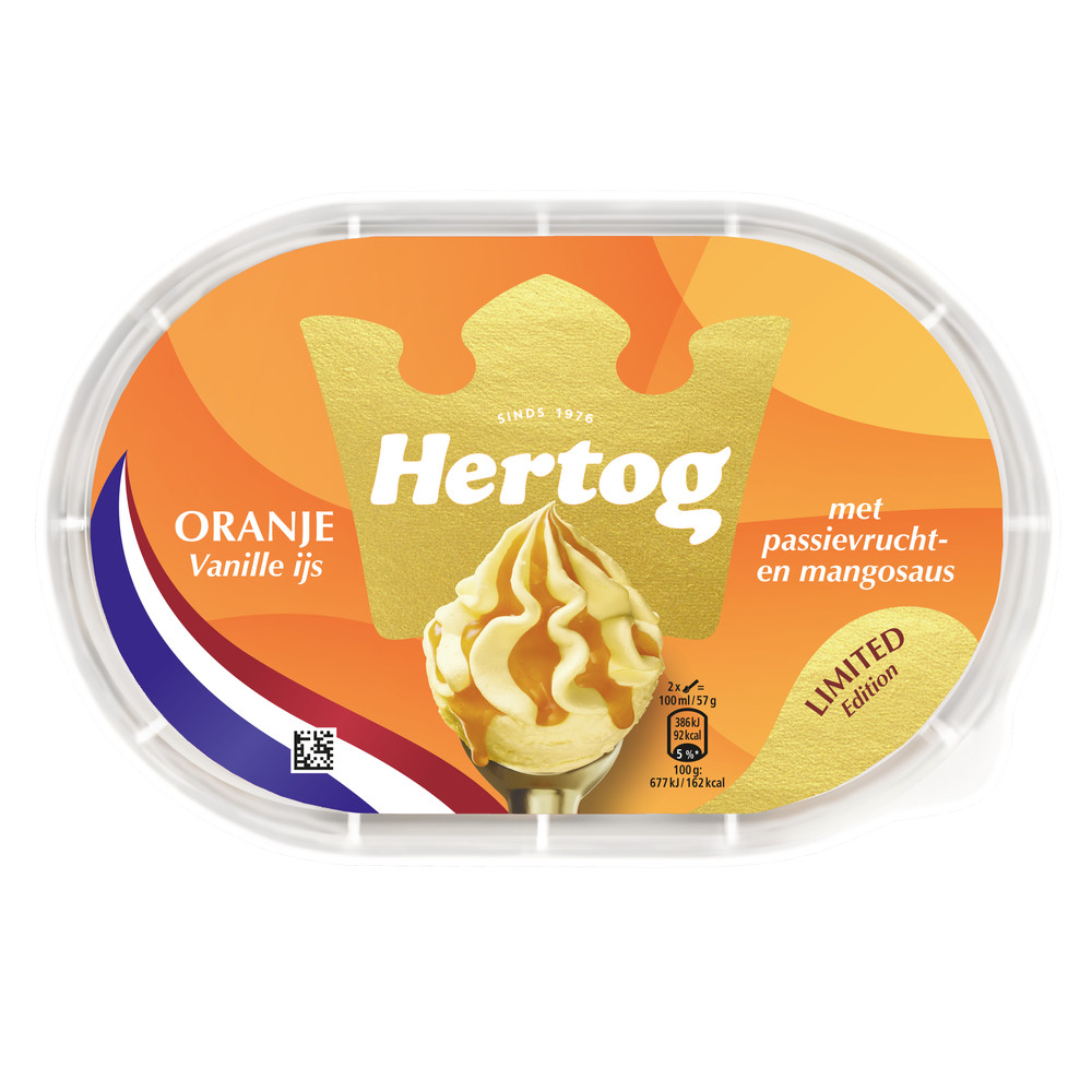 Oranje vanille ijs met passievrucht en mangosaus