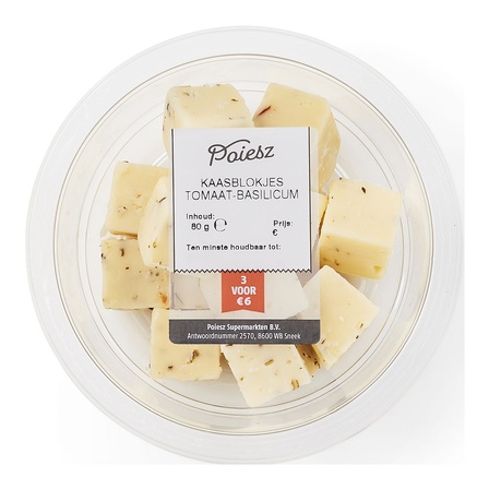 Noord-Hollandse kaasblokjes 50+ tomaat en basilicum